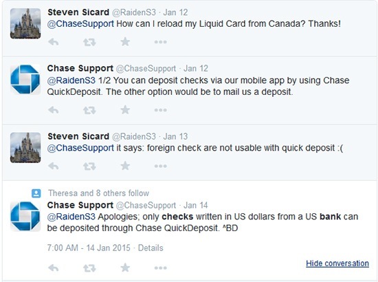 Canada cross-border check deposit - Chase Twitter response