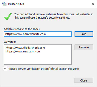 Trusted sites window