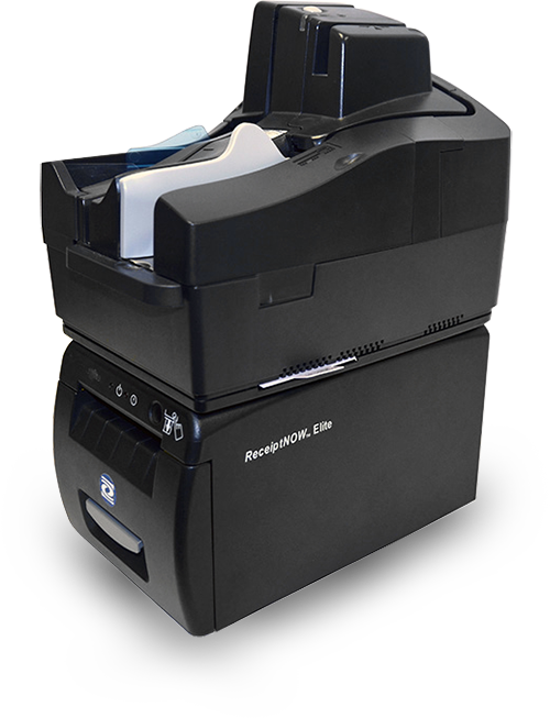 Teller scanner stacked on top of black receipt printer.