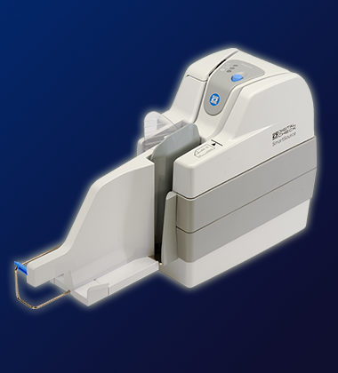 Full-page check scanner in white on blue background.