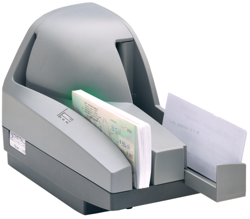 Teller capture scanner - gray with checks inserted.