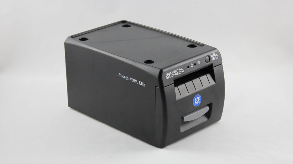 Teller receipt printer without scanner, all black front left view.